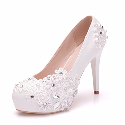 Hochzeitsschuhe Für Frauen High Heels, Plattform Runde Zehe Brautschuhe Sexy Spitze Blumen Perlen Hochzeit Pumps Größe,Weiß,39 EU von HOYOCE