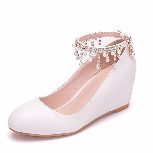 Klassische Damen Brautschuhe, Keilabsatz Runde Zehe Hochzeitsschuhe Plateau Quaste Strass Pumps Größe,Weiß,35 EU von HOYOCE