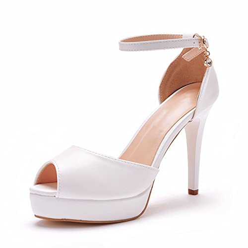 Sexy Damen Brautschuhe, Hochzeitsschuhe Mit Stilettoabsatz Klassische Fischmund Hochzeit Sandalen Größe,Weiß,37 EU von HOYOCE