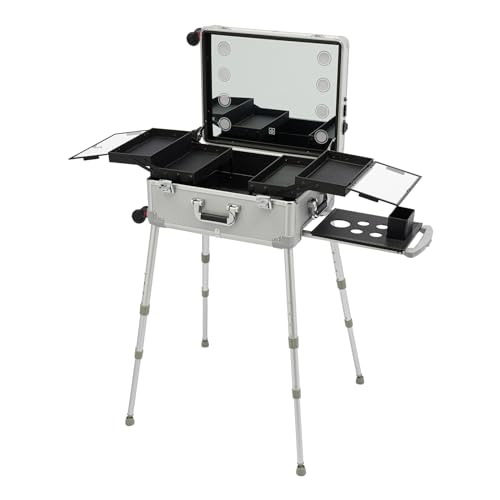Kosmetikkoffer Schminkkoffer Damen Kosmetik Make Up Koffer Case Beauty Koffer Beautycase Cosmetic Case Friseurkoffer mit LED Spiegel 8 Licht höhenverstellbare Beine (Silber) von HPDTZ