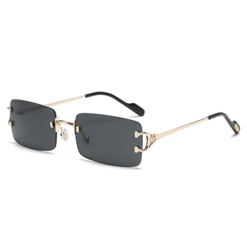 Randlose rechteckige Sonnenbrille für Damen, rahmenlose quadratische Brille für Herren, ultraleichte UV400-Brillentöne, Gold Schwarz, Einheitsgröße von HPIRME