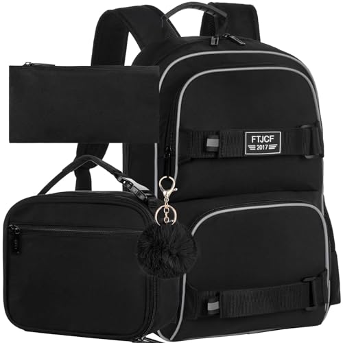 HPJGD Laptop-Rucksack für Mädchen, 43,2 cm (17 Zoll), wasserabweisend, Schultasche mit Lunchbox, niedliches Büchertaschen-Set für College, Teenager, 3 Stück, Schwarz, 3-teiliges Set, Einheitsgröße, von HPJGD