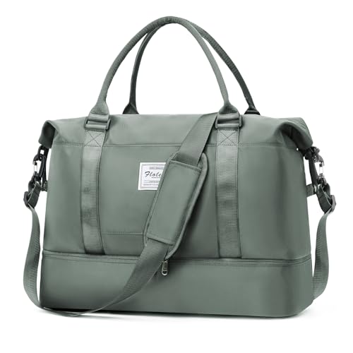 Groß Weekender Reisetasche Damen Sporttasche Handgepäck Tasche Kliniktasche Travel Duffle Bag Schwimmtasche Trainingstasche mit Schuhfach für Flugzeug Reisen 50L,H2-Armeegrün von HPLQQ