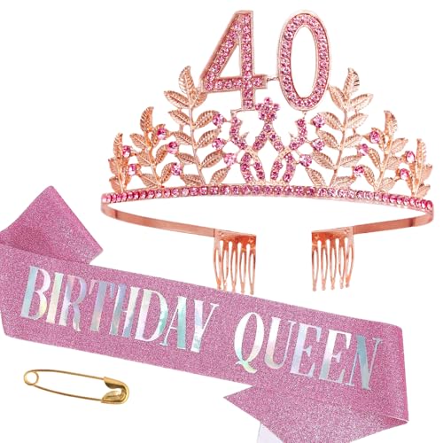 40. Geburtstag Schärpe und Tiara Mädchen Krone Damen Diadem Geschenke Crown Geburtstagskönigin Schärpe Kristall Strass Stirnband Deko für Frauen Geburtstag Party Supplies von HPMAISON
