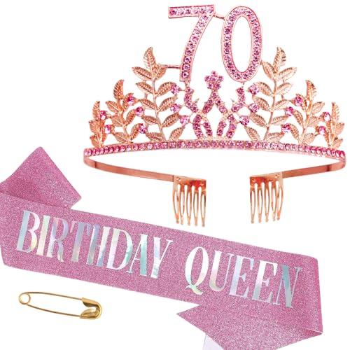 70. Geburtstag Schärpe und Tiara Mädchen Krone Damen Diadem Geschenke Crown Geburtstagskönigin Schärpe Kristall Strass Stirnband Deko für Frauen Geburtstag Party Supplies von HPMAISON