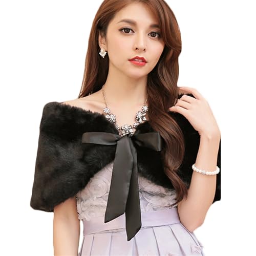 Brautstola Kunstfell Festlich Stola Damen Elegant Abendstola mit Schleife Brautschal Winter Warm Brautjacke Hochzeit Brautkleid Party Abendkleid Winter Herbst Stola für Frauen Mädchen Schwarz von HPONEZJ