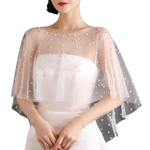 Brautumhang Weiß Umschlagtücher mit Perlen Stola Damen Durchsichtig Brautstola Elegant Abendkleid Cape Verstellbar Schalwickel Braut Bolero Cocktaikleid Festlich Capelets für Hochzeit Party von HPONEZJ
