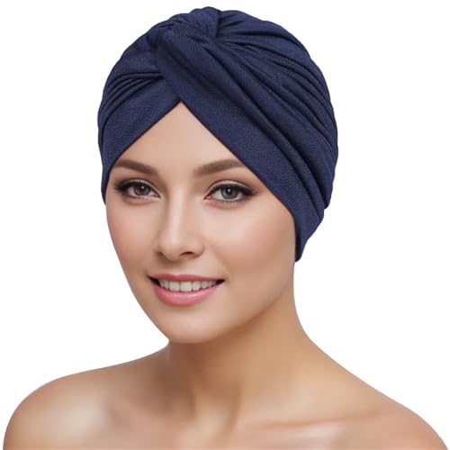HPONEZJ Turban Damen Chemo Cap Baumwolle Kopfwickel Mütze Vorgebunden Knot Turbanhut Beanie Elastisch Headwraps Schlafhut Krebs Kappe Afrikanisch Muslim Kopftuch für Haarverlust Schlafen Dunkelblau von HPONEZJ