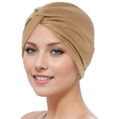 HPONEZJ Turban Damen Chemo Cap Baumwolle Kopfwickel Mütze Vorgebunden Knot Turbanhut Beanie Elastisch Headwraps Schlafhut Krebs Kappe Afrikanisch Muslim Kopftuch für Haarverlust Schlafen Khaki von HPONEZJ