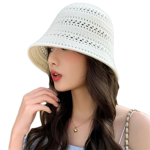 Sonnenhut Damen Sommer Fischerhut Boho Gewebt Häkelmütze UV Schutz Sommerhut Mädchen Gestrickt Anglerhut Weich Faltbar Sonnenmütze Einfarbig Strandhut Modisch Fischermütze für Strand Outdoor Weiß von HPONEZJ