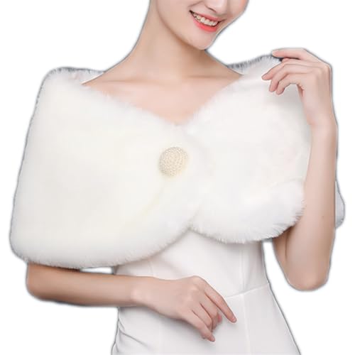 Stola Damen Weiß Brautstola Kunstfell Abendstola mit Perlen Brautschal Elegant Festlich Abendkleid Braut Bolero Flauschig Brautschal Winter Herbst Brautjacke Warm Schal Stola für Hochzeit Party von HPONEZJ