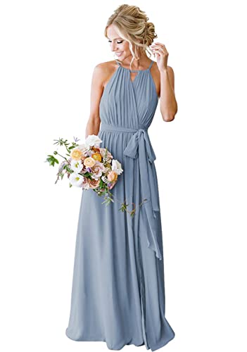 Strandkleid für die Trauzeugin, elegant, lang, Neckholder, plissiert, fließende Rüschen, Abendkleid, Partykleider für Damen, dusty blue, 38 von HPPEE