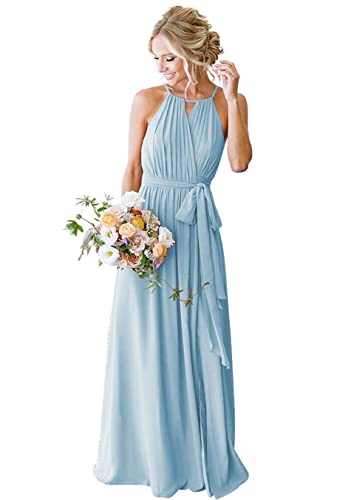 Strandkleid für die Trauzeugin, elegant, lang, Neckholder, plissiert, fließende Rüschen, Abendkleid, Partykleider für Damen, himmelblau, 34 von HPPEE