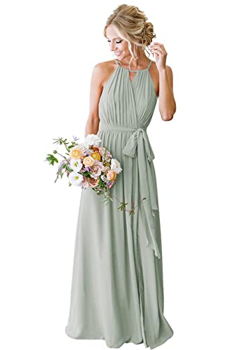 Strandkleid für die Trauzeugin, elegant, lang, Neckholder, plissiert, fließende Rüschen, Abendkleid, Partykleider für Damen, salbeigrün, 38 von HPPEE