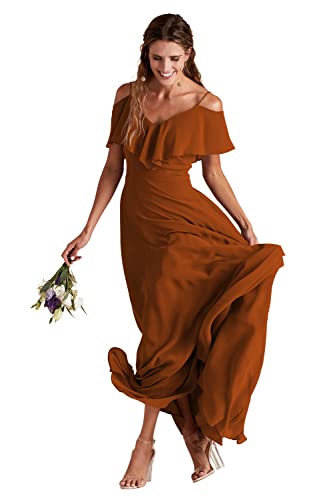 Brautjungfernkleider Spaghettiträger Chiffon A Linie V Ausschnitt Rüschen Lange Trauzeugin Kleider mit Taschen Schlitz, burnt orange, 40 von HPPEE