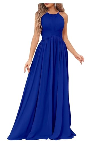Damen Neckholder Brautjungfernkleider für Hochzeit Plissee A-Linie Chiffon Lang Formelles Abendkleid, königsblau, 48 Plus von HPPEE