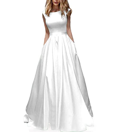 HPPEE Ärmellose Ballkleider Atemberaubender Bateau-Ausschnitt Bodenlang formelle Abendkleider für Frauen mit Taschen, weiß, 34 von HPPEE