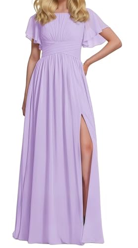 HPPEE Brautjungfernkleid mit Flatterärmeln und V-Ausschnitt, Chiffon, mit Schlitz, plissiert, formelles Partykleid, Flieder, 38 von HPPEE