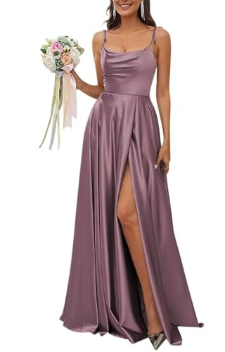 HPPEE Brautjungfernkleid mit Spaghettiträger, Satin, mit Schlitz, Wasserfallausschnitt, lang, formelles Abendkleid, Partykleid, Wisteria, 44 von HPPEE