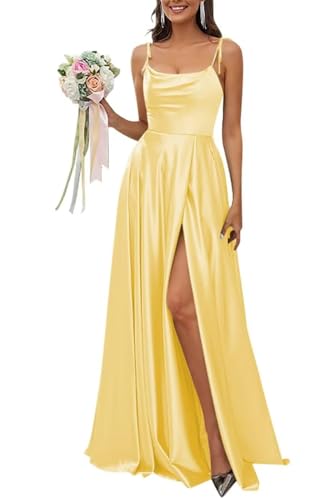 HPPEE Brautjungfernkleid mit Spaghettiträger, Satin, mit Schlitz, Wasserfallausschnitt, lang, formelles Abendkleid, Partykleid, gelb, 36 von HPPEE