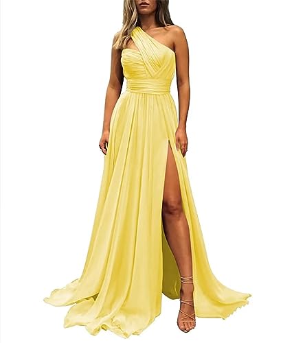 HPPEE Brautjungfernkleid mit einer Schulter Abendkleid Partykleid Damen Junior mit Taschen, yellow (gelb), 40 von HPPEE