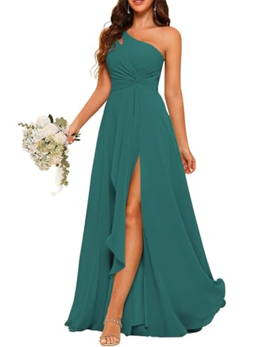 HPPEE Chiffon-Brautjungfernkleid mit einer Schulter, plissiert, lang, A-Linie, Ballkleid für Damen, WYX476, pfau, 34 von HPPEE