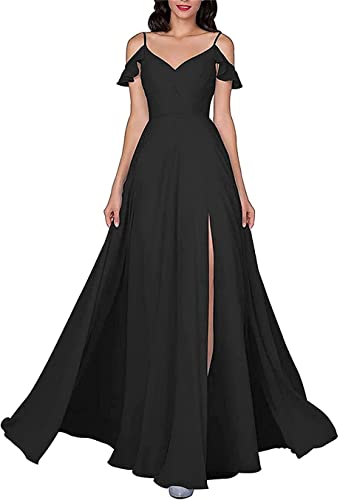 HPPEE Chiffon-Kleid in Blumenform, Spaghetti-Brautjungfernkleid, trägerlos, V-Ausschnitt, Schlitz, formelle Hochzeits-Abendkleider für Frauen, Schwarz , 36 von HPPEE