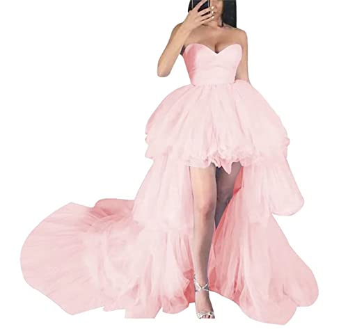 HPPEE Damen Ballkleid Layered Trägerlos High Low Hochzeitsgäste Kleider mit Zug, rose, 38 von HPPEE