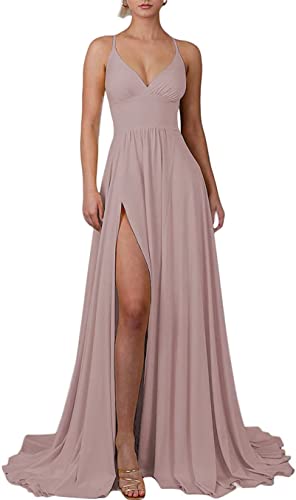 HPPEE Damen Ballkleider Schulterfrei Spaghettiträger Split Hochzeitsgäste Kleider mit Schleppe, Dusty Rose, 32 von HPPEE