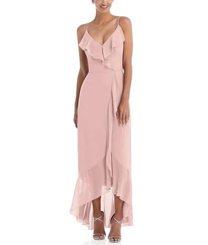 HPPEE Damen Brautjungfernkleid Spaghettiträger Langer V-Ausschnitt Rüschen Formal Abend Ballkleid WYX521, rose, 32 von HPPEE