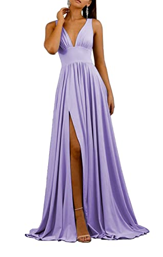 HPPEE Damen Brautjungfernkleid Tiefer V-Ausschnitt Übergröße Hochzeit Party Kleid mit Schlitz, Flieder, 36 von HPPEE