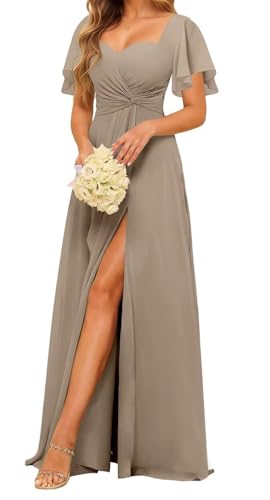 HPPEE Damen Brautjungfernkleider mit Herzausschnitt und Ärmeln Schlitz Plissee formelles Abendkleid, taupe, 48 Plus von HPPEE