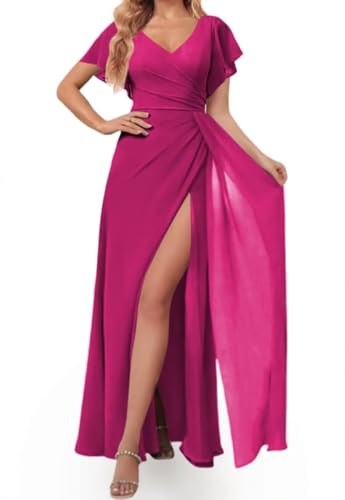 HPPEE Damen Brautjungfernkleider mit V-Ausschnitt für Frauen mit Flatterärmeln Chiffon langes formelles Kleid mit Schlitz, fuchsia, 40 von HPPEE