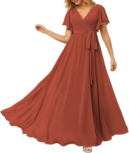 HPPEE Damen Brautjungfernkleider mit V-Ausschnitt und Ärmeln für Hochzeit Schärpen langes Chiffon formelles Kleid, burnt orange, 56 Plus von HPPEE