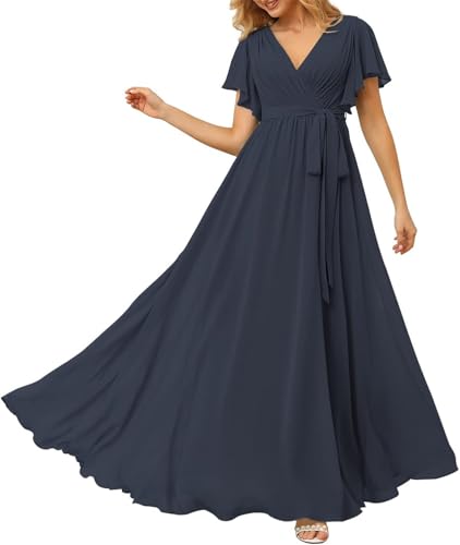 HPPEE Damen Brautjungfernkleider mit V-Ausschnitt und Ärmeln für Hochzeit Schärpen langes Chiffon formelles Kleid, marineblau, 38 von HPPEE