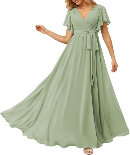 HPPEE Damen Brautjungfernkleider mit V-Ausschnitt und Ärmeln für Hochzeit Schärpen langes Chiffon formelles Kleid, salbeigrün, 42 von HPPEE