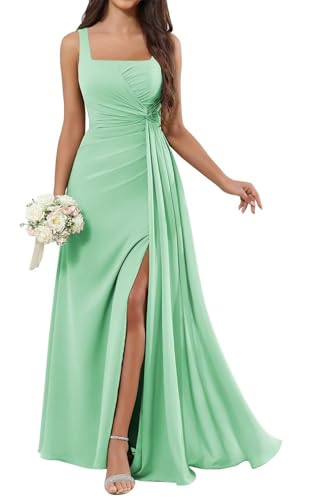 HPPEE Damen Chiffon Brautjungfernkleider für Frauen mit Schlitz Plissee ärmellos langes formelles Abendkleid, mintgrün, 48 von HPPEE