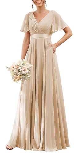 HPPEE Damen Chiffon Brautjungfernkleider mit Ärmeln Plissee A-Linie formelles Abendkleid, champagnerfarben, 50 Plus von HPPEE