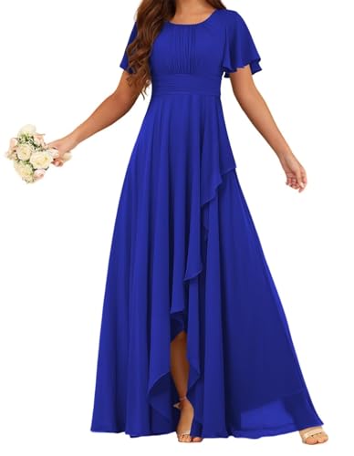 HPPEE Damen Chiffon Brautjungfernkleider mit Ärmeln gerafft Plissee U-Ausschnitt A-Linie formelles Abendkleid, königsblau, 52 Plus von HPPEE