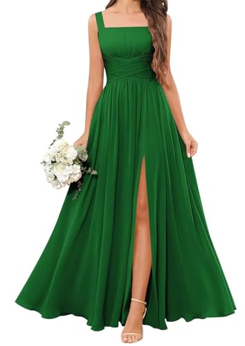 HPPEE Damen Chiffon Brautjungfernkleider mit Schlitz Plissee A-Linie Abendkleid formelles Kleid, smaragdgrün, 52 Plus von HPPEE