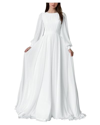 HPPEE Damen Chiffon Langarm Brautjungfernkleider Plissee A-Linie U-Ausschnitt formelle Abendparty Kleid, weiß, 32 von HPPEE