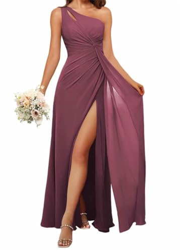 HPPEE Damen Einschultriges Brautjungfernkleid mit Schlitz, fließendes Chiffon, langes formelles Kleid für Frauen, Desert Rose, 32 von HPPEE