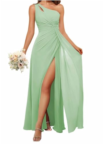 HPPEE Damen Einschultriges Brautjungfernkleid mit Schlitz, fließendes Chiffon, langes formelles Kleid für Frauen, Dusty Sage, 34 von HPPEE