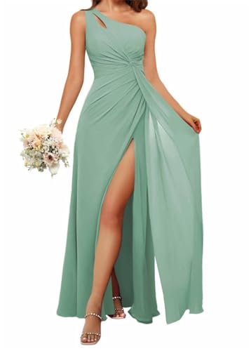 HPPEE Damen Einschultriges Brautjungfernkleid mit Schlitz, fließendes Chiffon, langes formelles Kleid für Frauen, Eukalyptus, 38 von HPPEE