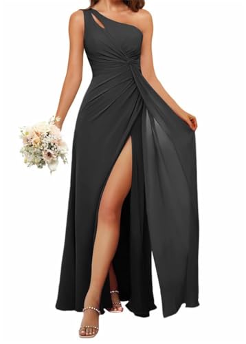 HPPEE Damen Einschultriges Brautjungfernkleid mit Schlitz, fließendes Chiffon, langes formelles Kleid für Frauen, Schwarz , 38 von HPPEE