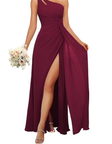 HPPEE Damen Einschultriges Brautjungfernkleid mit Schlitz, fließendes Chiffon, langes formelles Kleid für Frauen, burgunderfarben, 34 von HPPEE