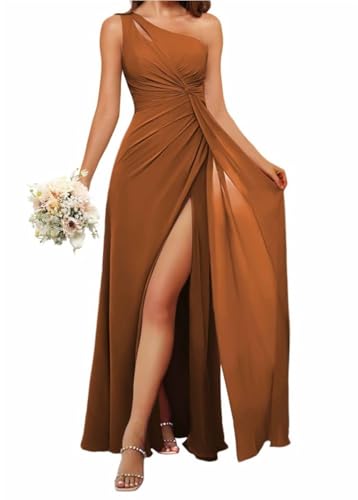 HPPEE Damen Einschultriges Brautjungfernkleid mit Schlitz, fließendes Chiffon, langes formelles Kleid für Frauen, burnt orange, 48 von HPPEE