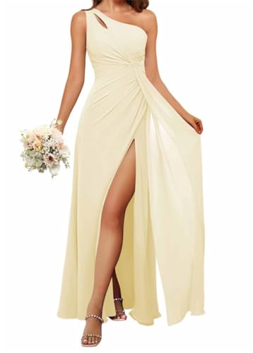 HPPEE Damen Einschultriges Brautjungfernkleid mit Schlitz, fließendes Chiffon, langes formelles Kleid für Frauen, gelb, 40 von HPPEE