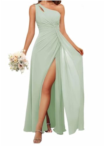 HPPEE Damen Einschultriges Brautjungfernkleid mit Schlitz, fließendes Chiffon, langes formelles Kleid für Frauen, salbeigrün, 48 von HPPEE
