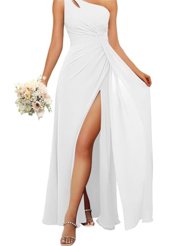 HPPEE Damen Einschultriges Brautjungfernkleid mit Schlitz, fließendes Chiffon, langes formelles Kleid für Frauen, weiß, 36 von HPPEE